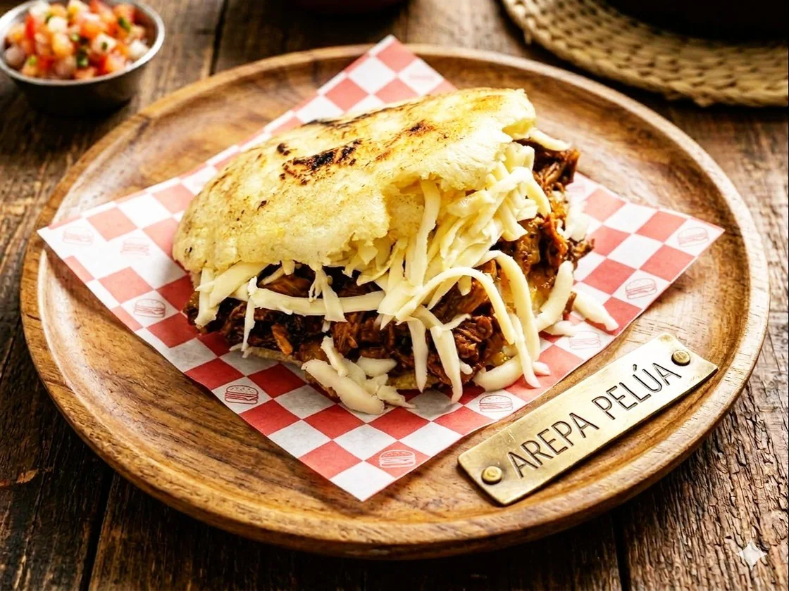 Arepa pelúa rellena de carne mechada y queso