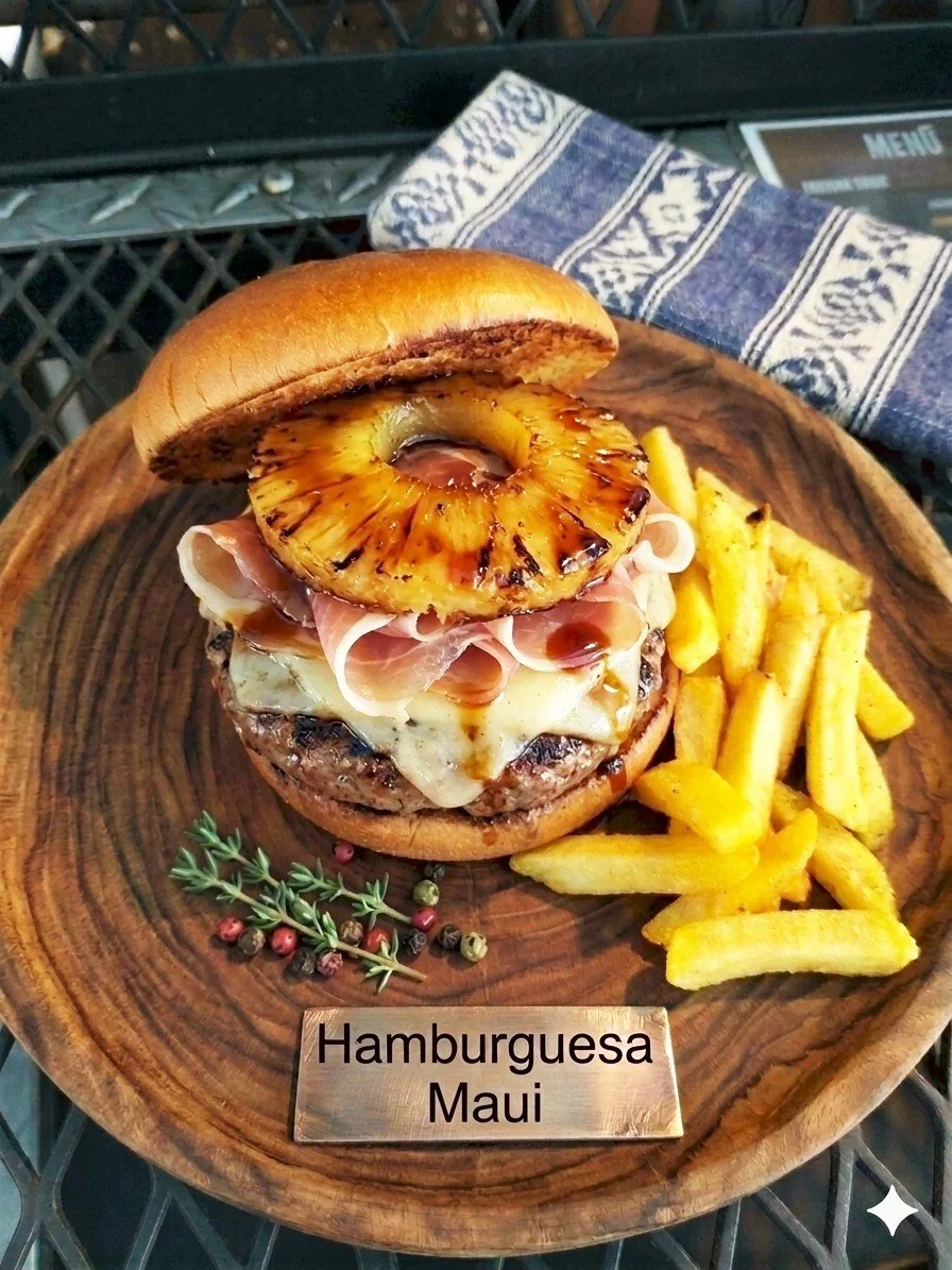 Hamburguesa Maui con piña asada, jamón serrano, queso y papas fritas