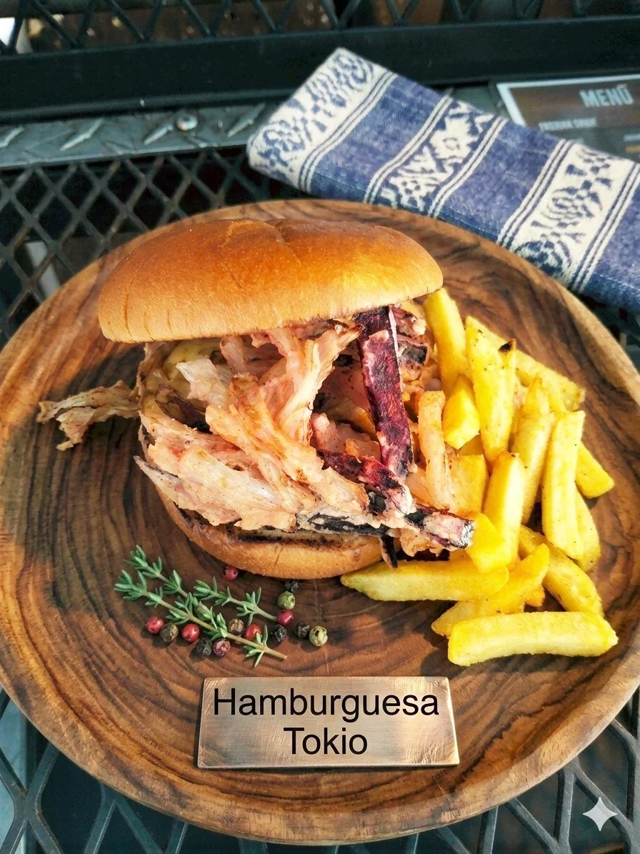 Hamburguesa Tokio acompañada de papas fritas